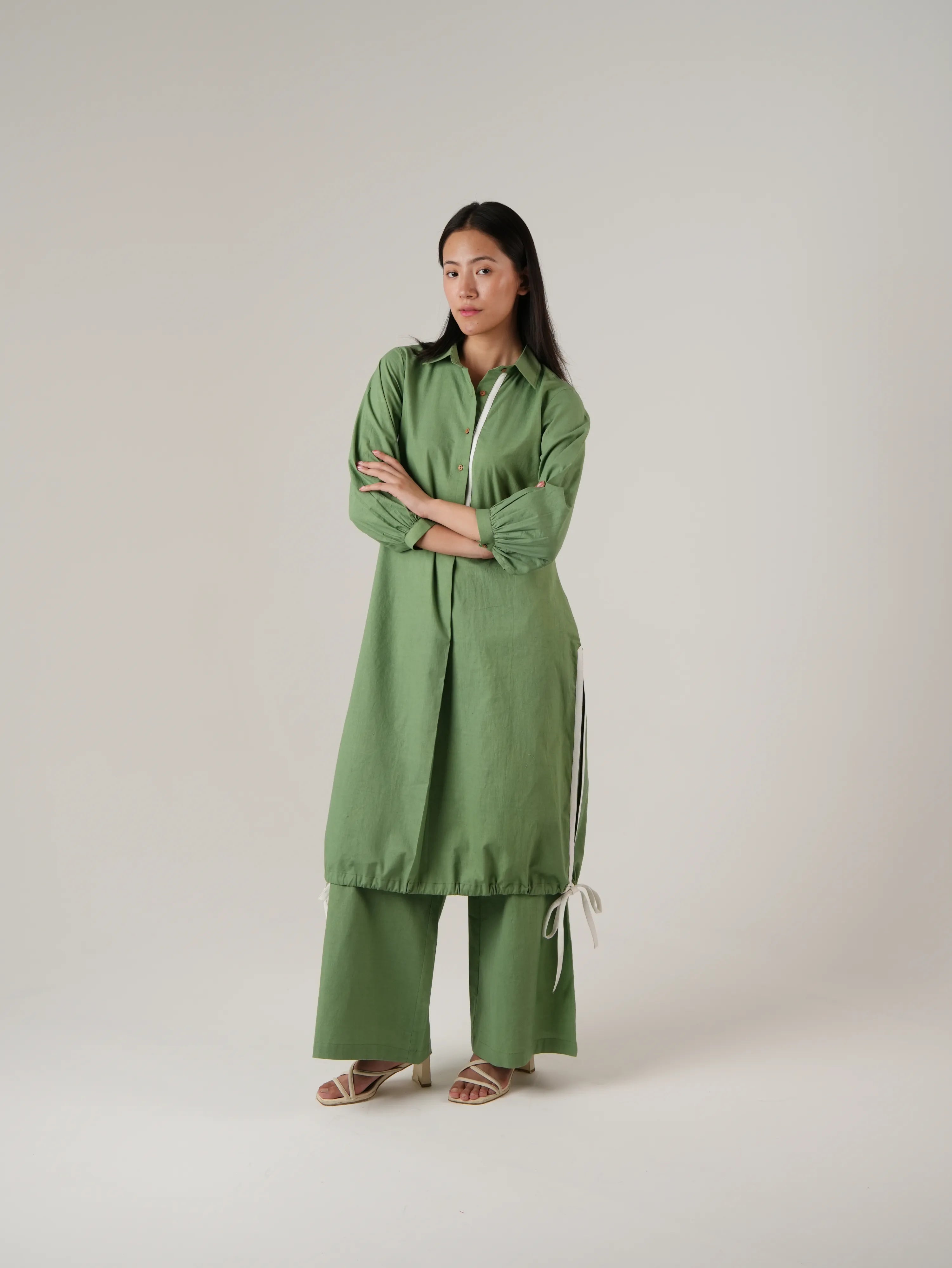 Vanshitaaz Sage Green Cotton Co-ord set with White Stripes Detailing