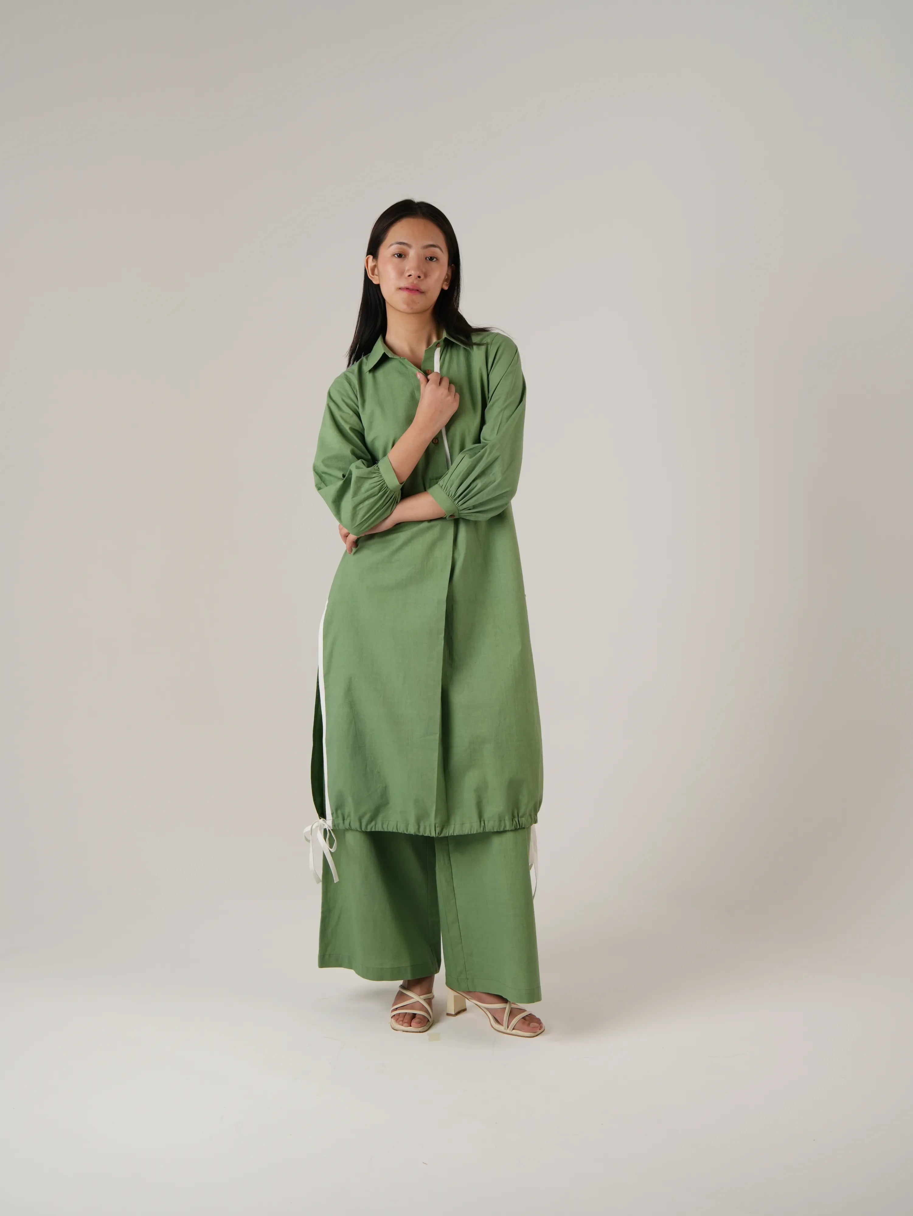 Vanshitaaz Sage Green Cotton Co-ord set with White Stripes Detailing