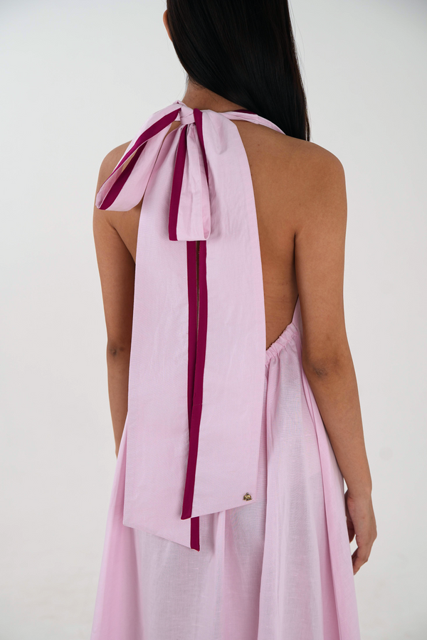 Sleeveless Halter Dress - Pastel Pink Linen