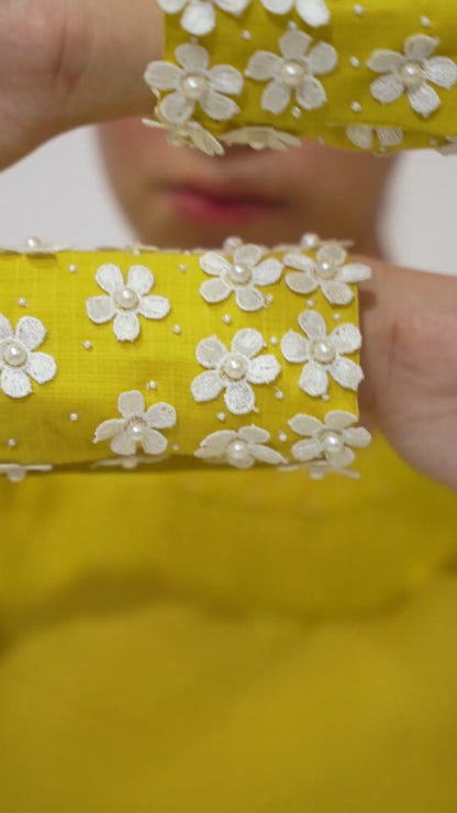 Embroidered Corn Yellow A-Line Kurta-Pant with Scrunchies