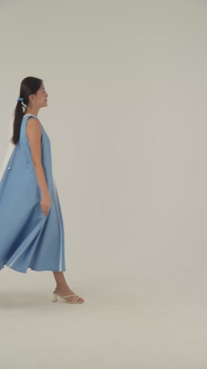 Sleeveless Flared Dress - Pastel Blue Linen