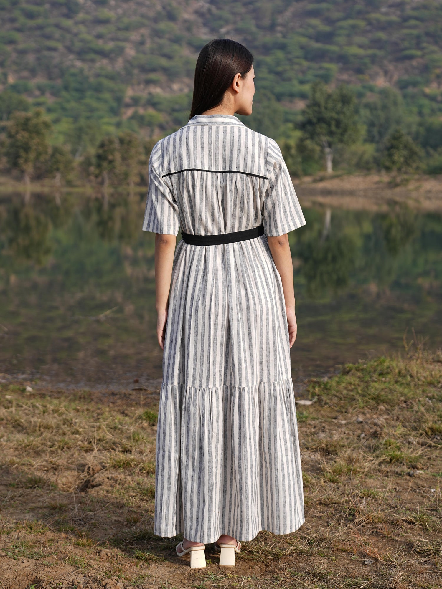 Back view of the striped cotton midi dress