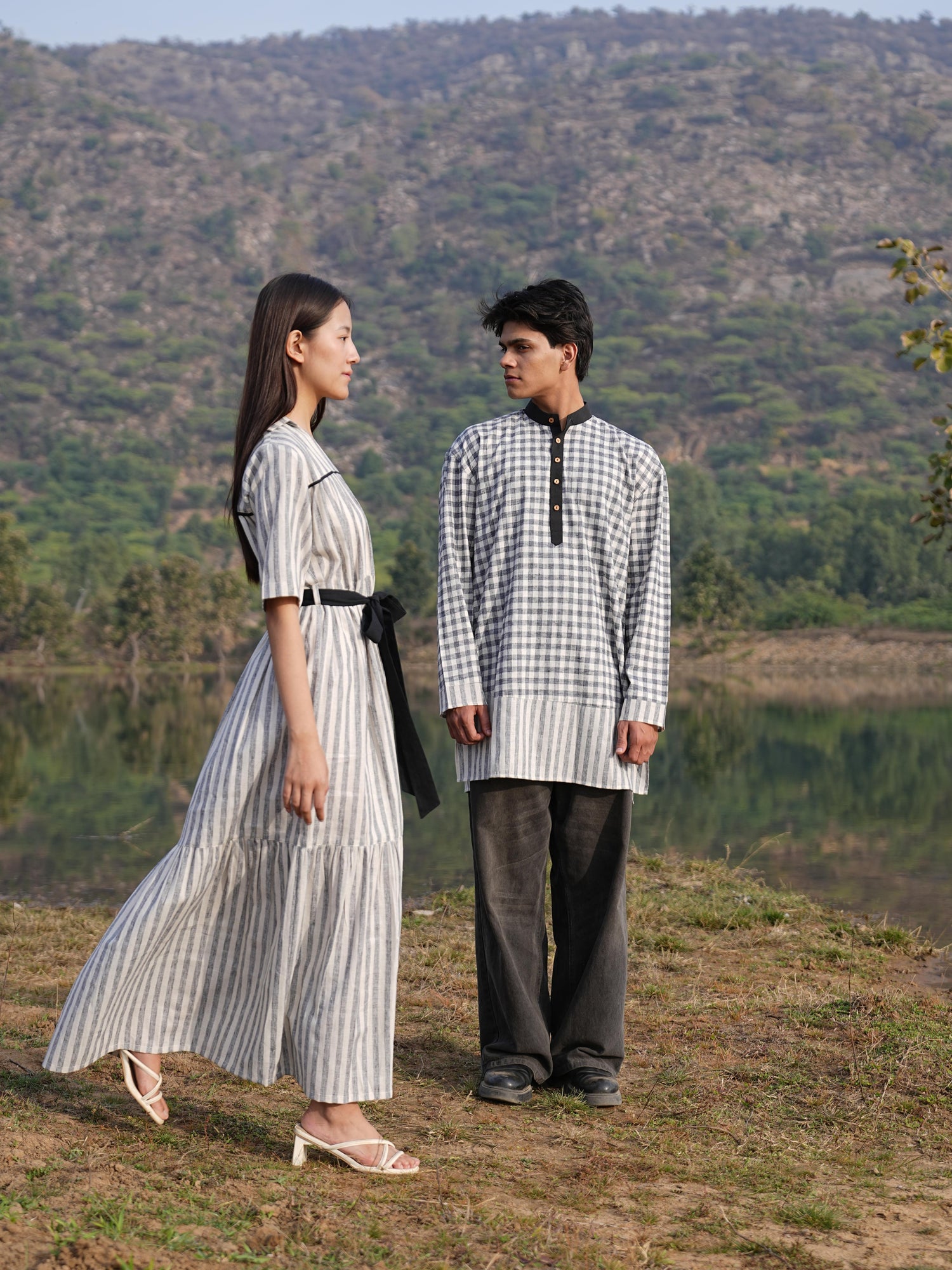 Black Stripe Dress & Check Kurta Duo