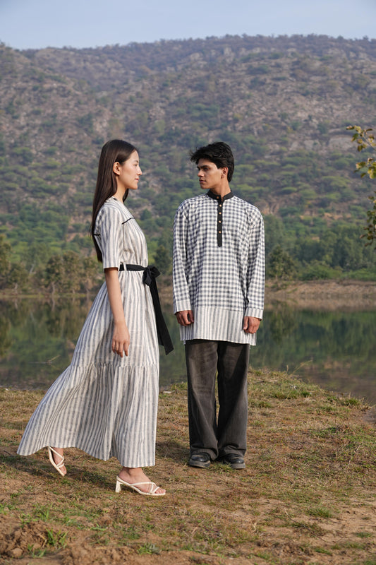 Black Stripe Dress & Check Kurta Duo