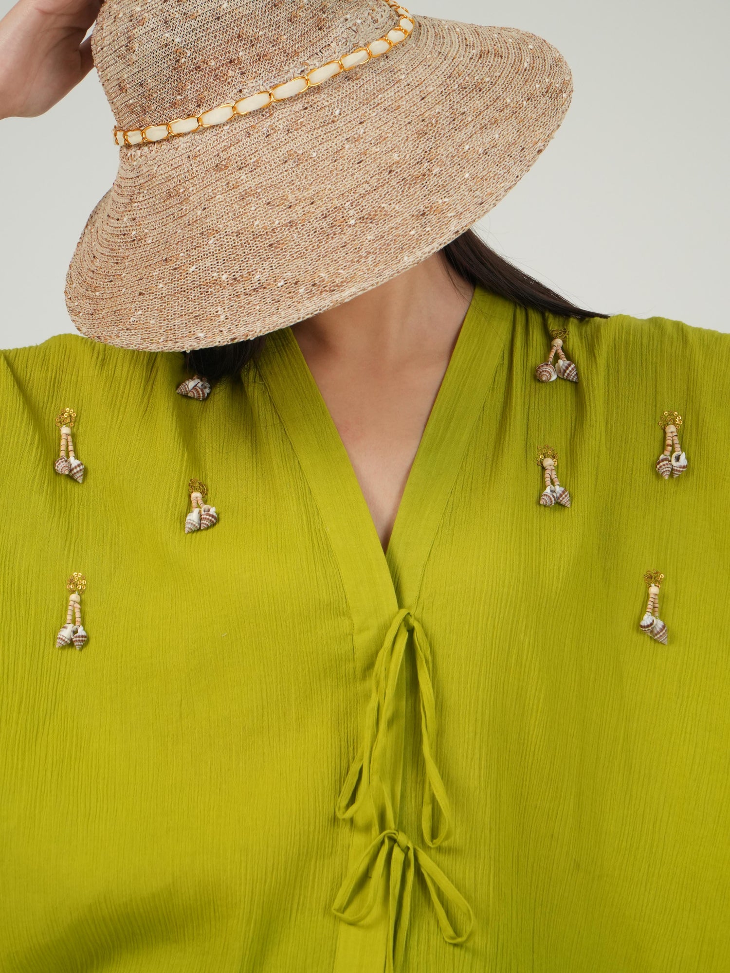 Bohemian embellishment detail on the Lime Green crinkled cotton co-ord