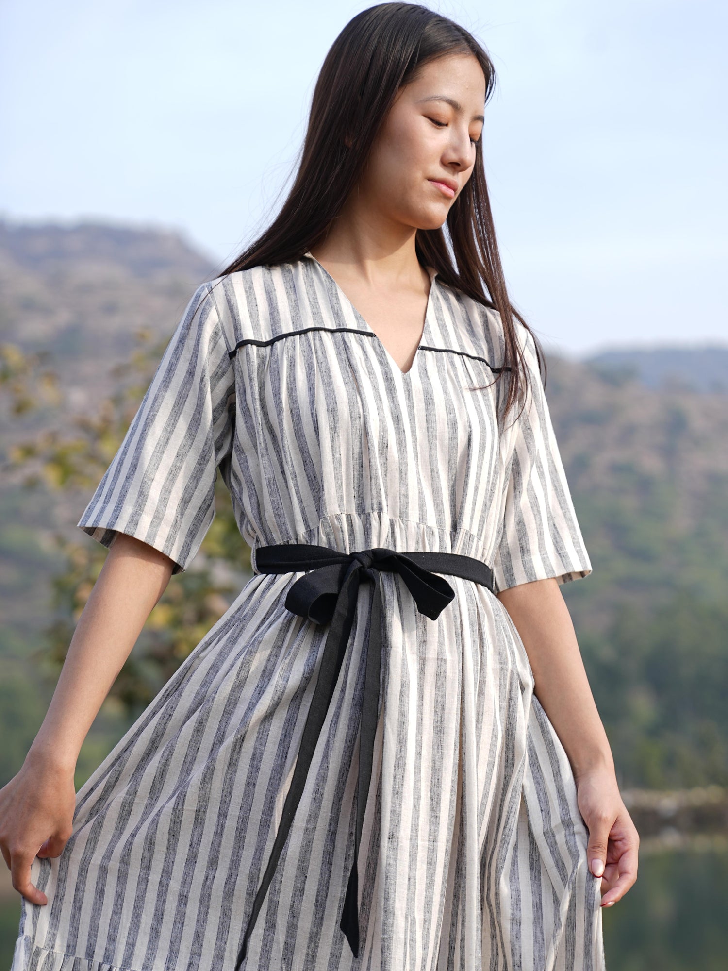 Black Stripe Dress & Check Kurta Duo