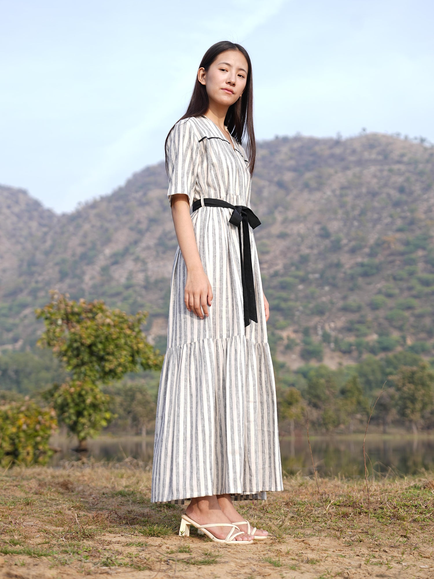 Easy, movement-friendly striped cotton midi dress for women