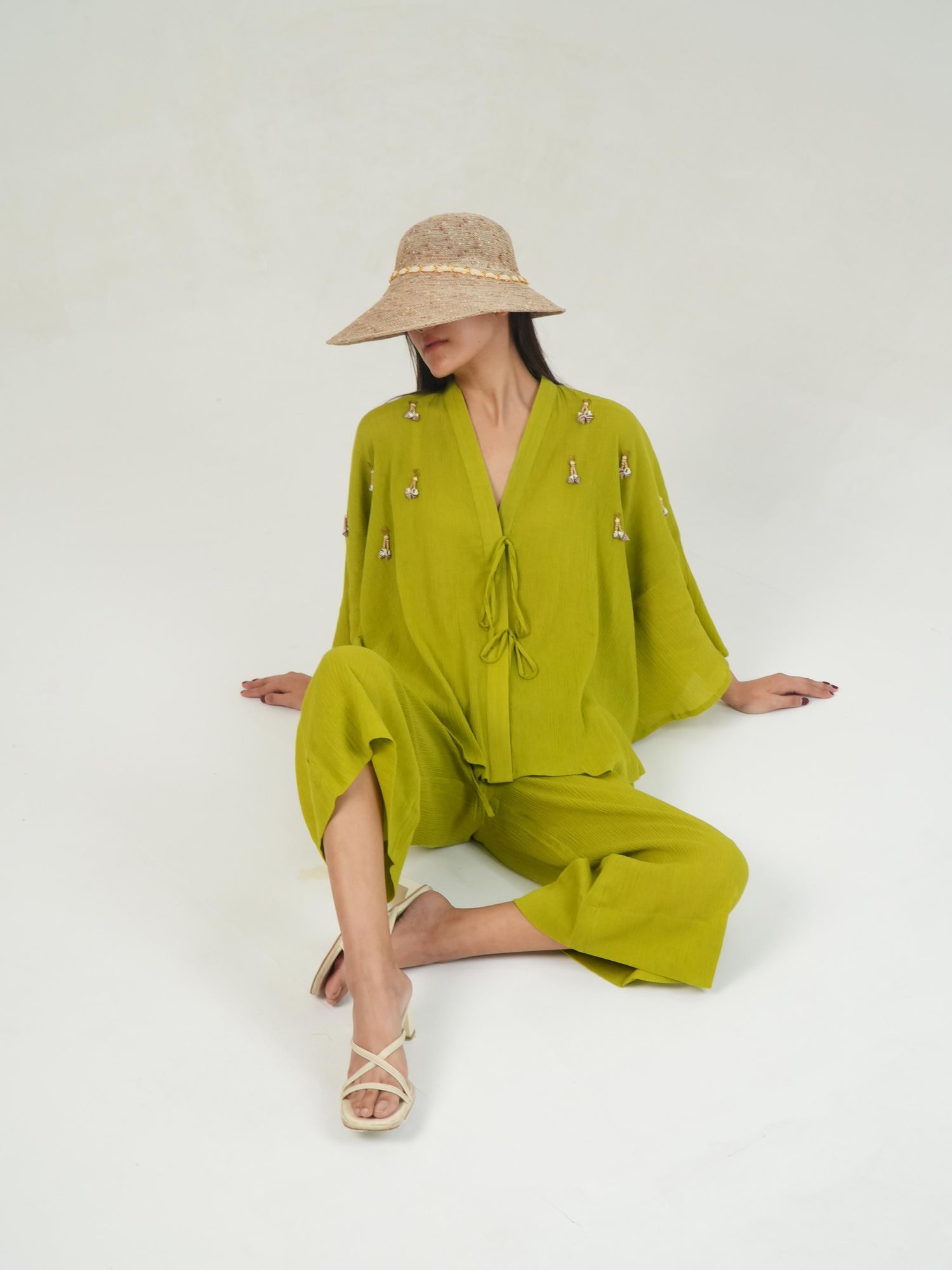Full-length view of the Lime Green crinkled cotton co-ord set