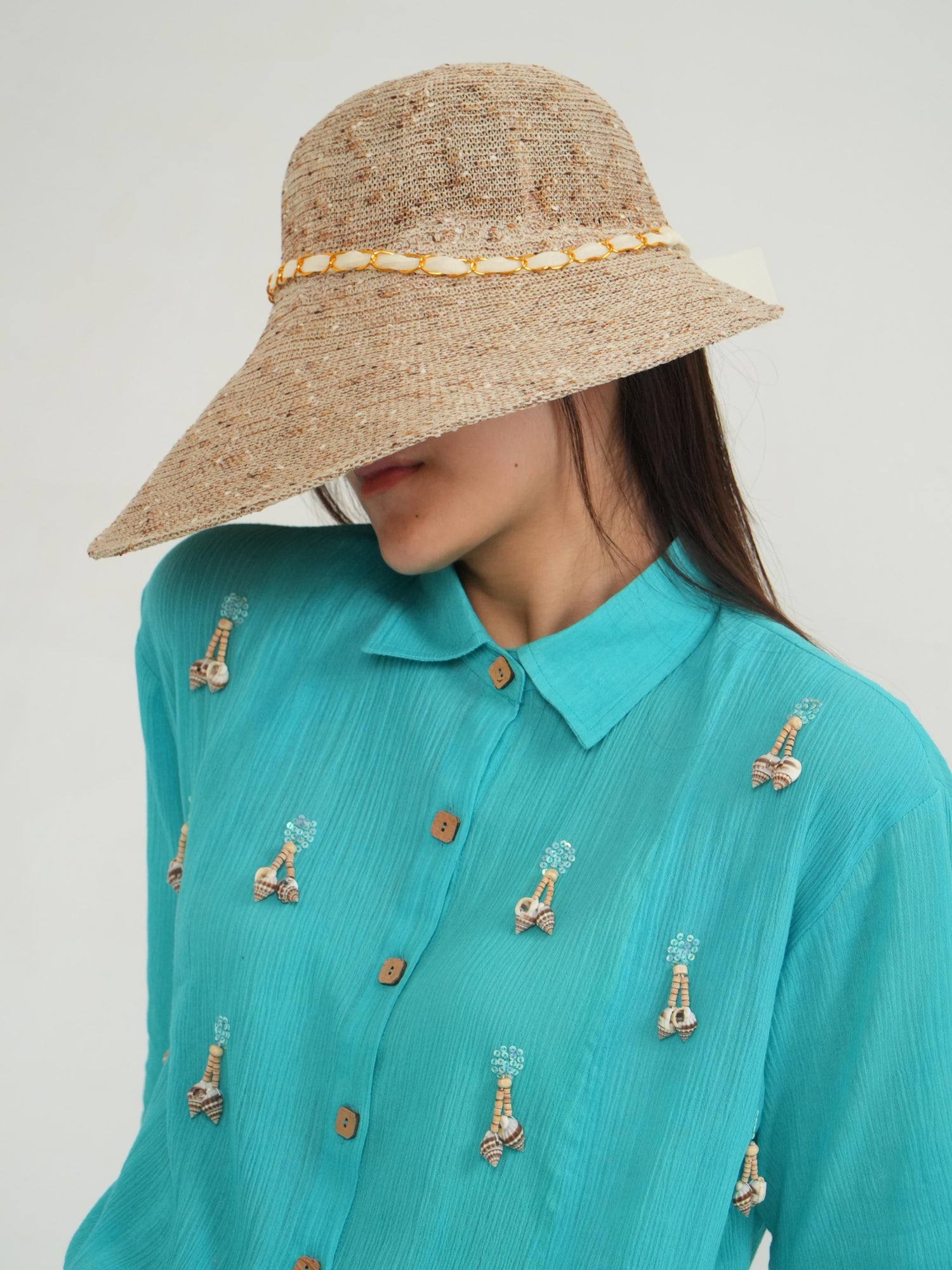 Full-length view of the Turquoise crinkled cotton co-ord set