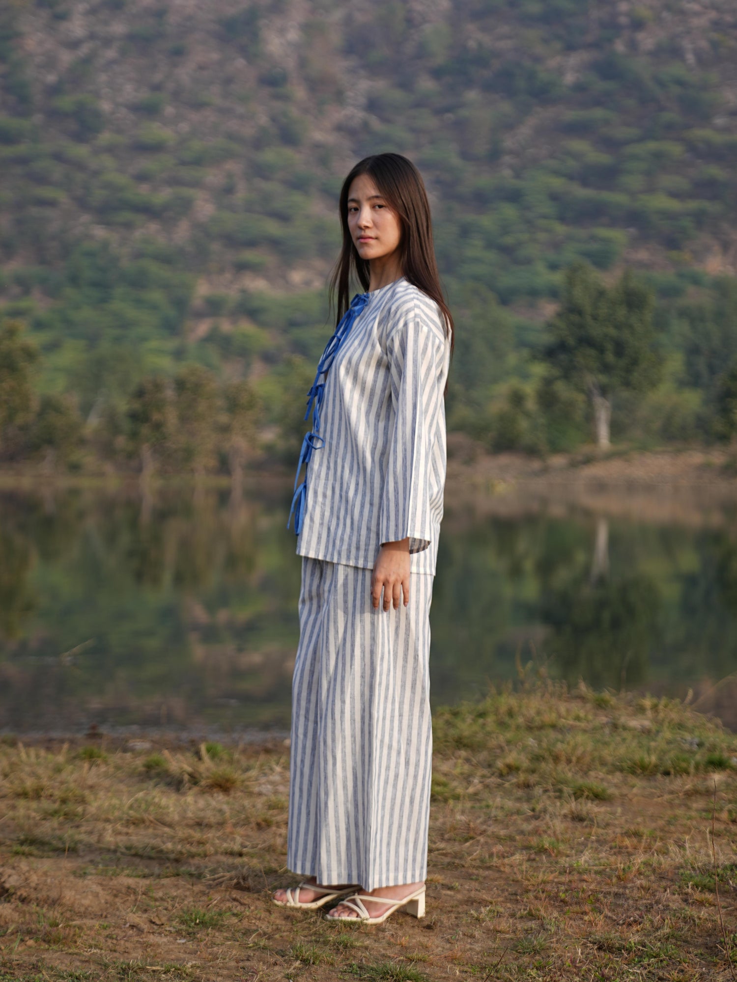 Relaxed wide-leg trousers of the striped cotton co-ord, cut for easy movement