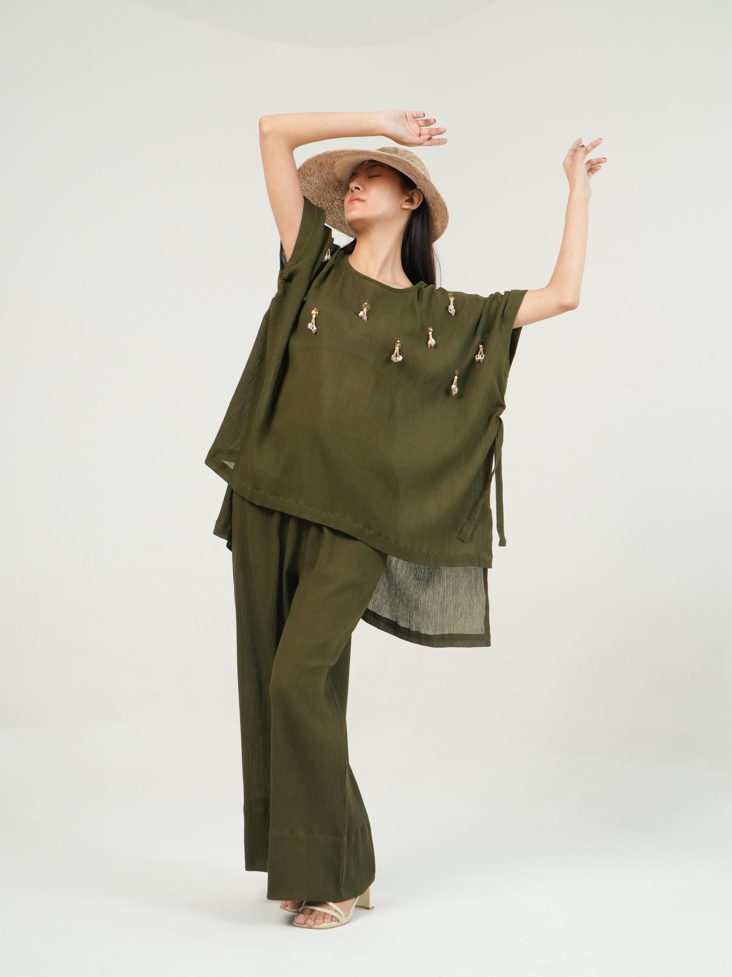 Full-length view of the Olive crinkled cotton co-ord set