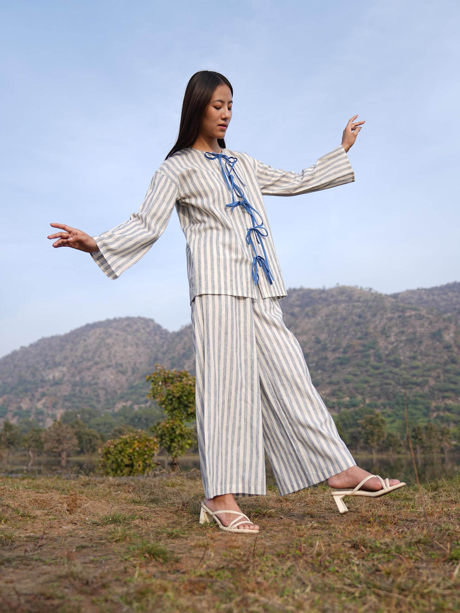Back view of the striped cotton co-ord set