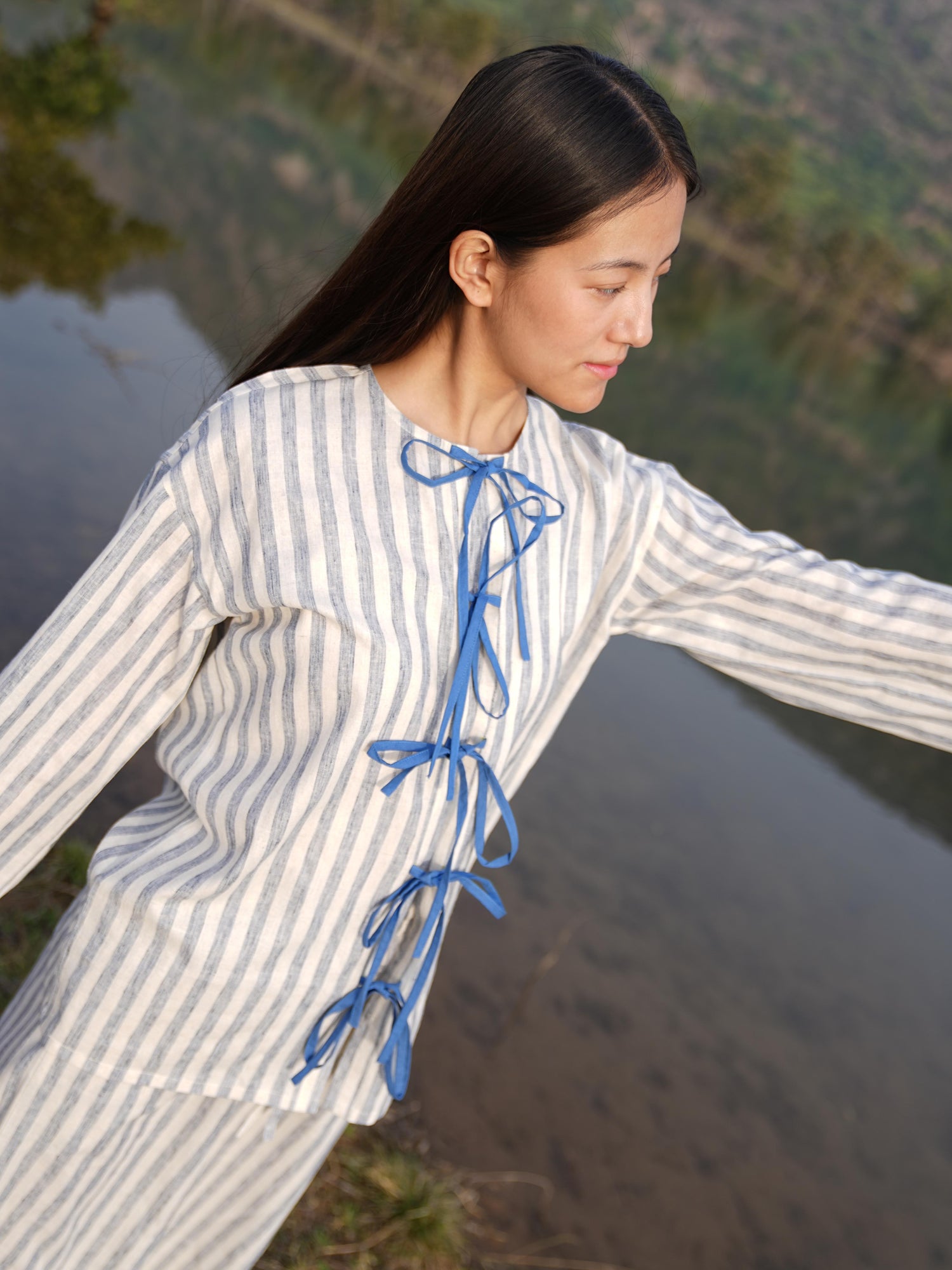 Detail of the clean French-seam finish on the striped cotton co-ord set