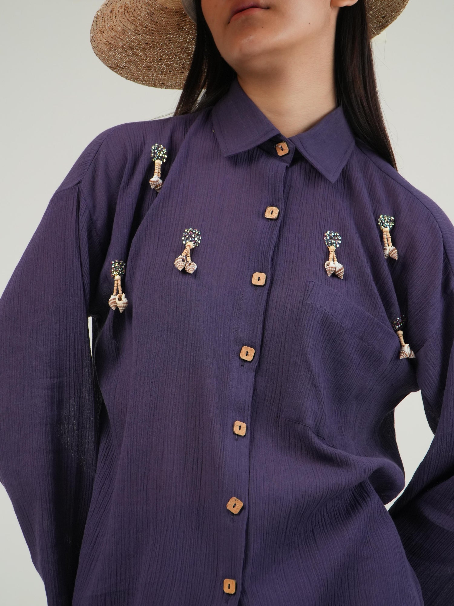 Clean, straight-cut Mulberry Purple crinkled cotton co-ord