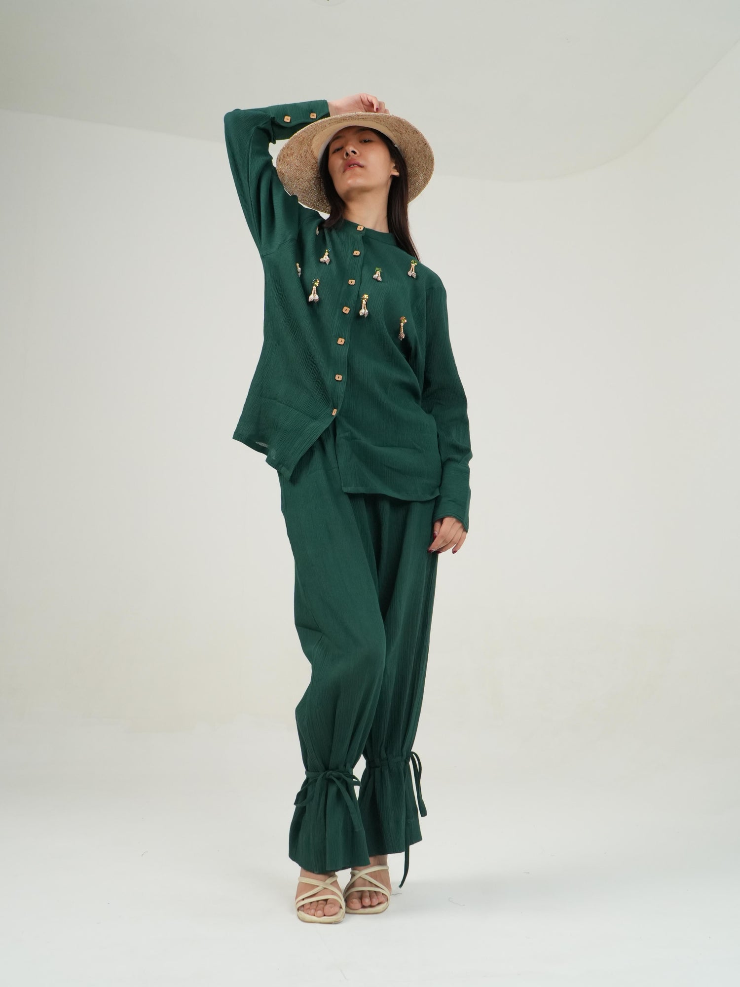 Full-length view of the Racing Green crinkled cotton co-ord set