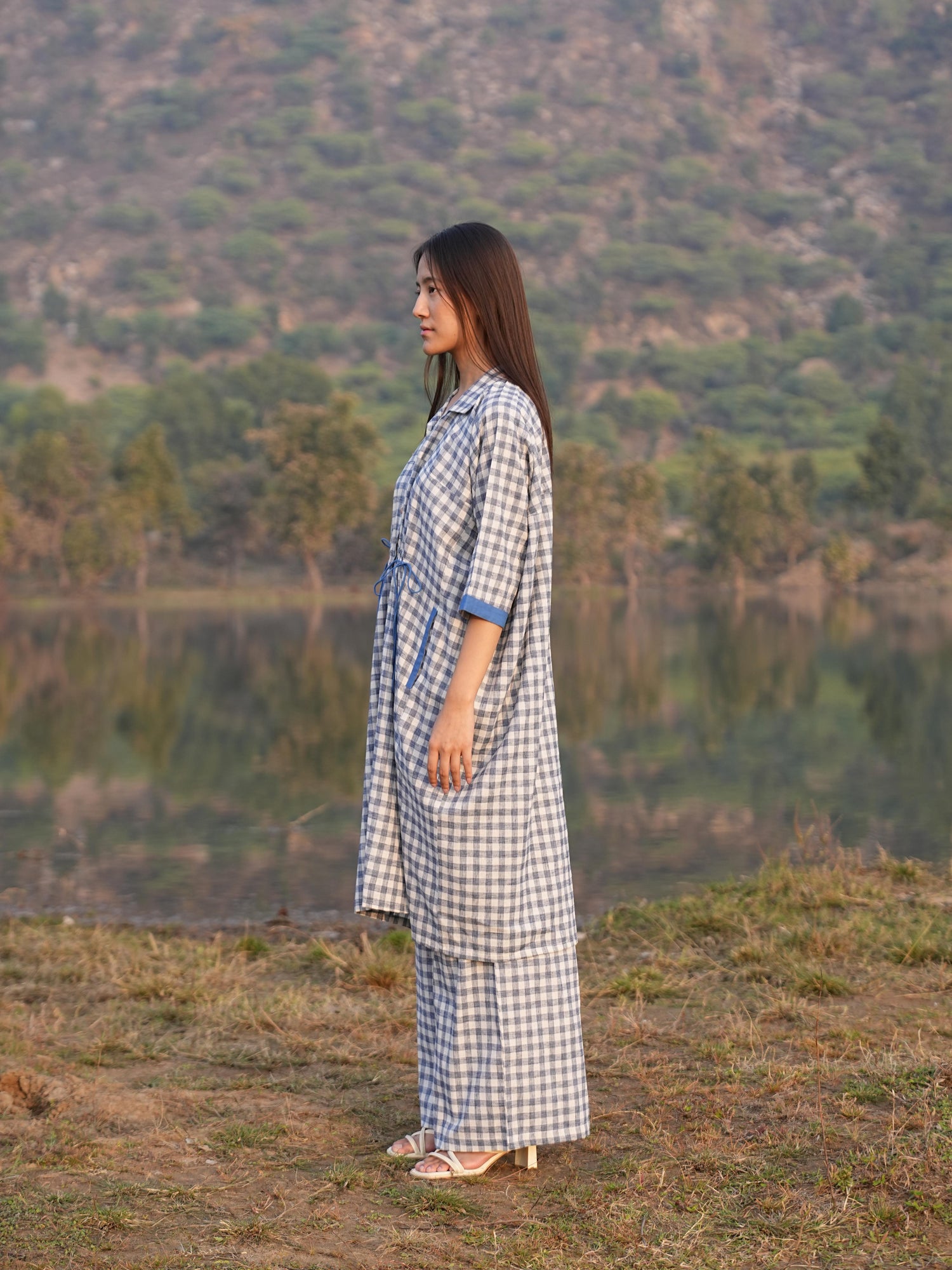 Full-length view of the anti-fit checked cotton co-ord set