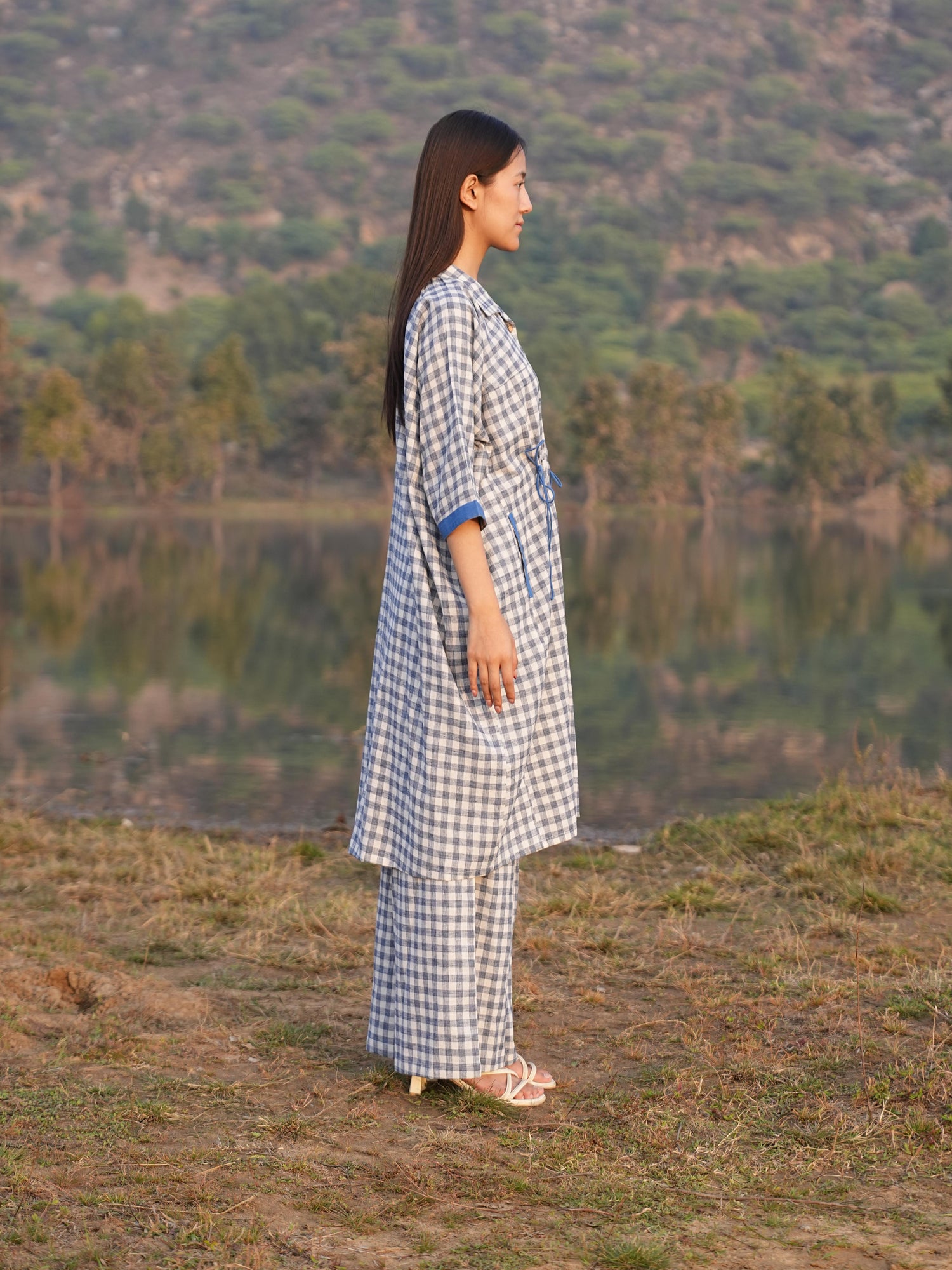 Back view of the anti-fit checked cotton co-ord set