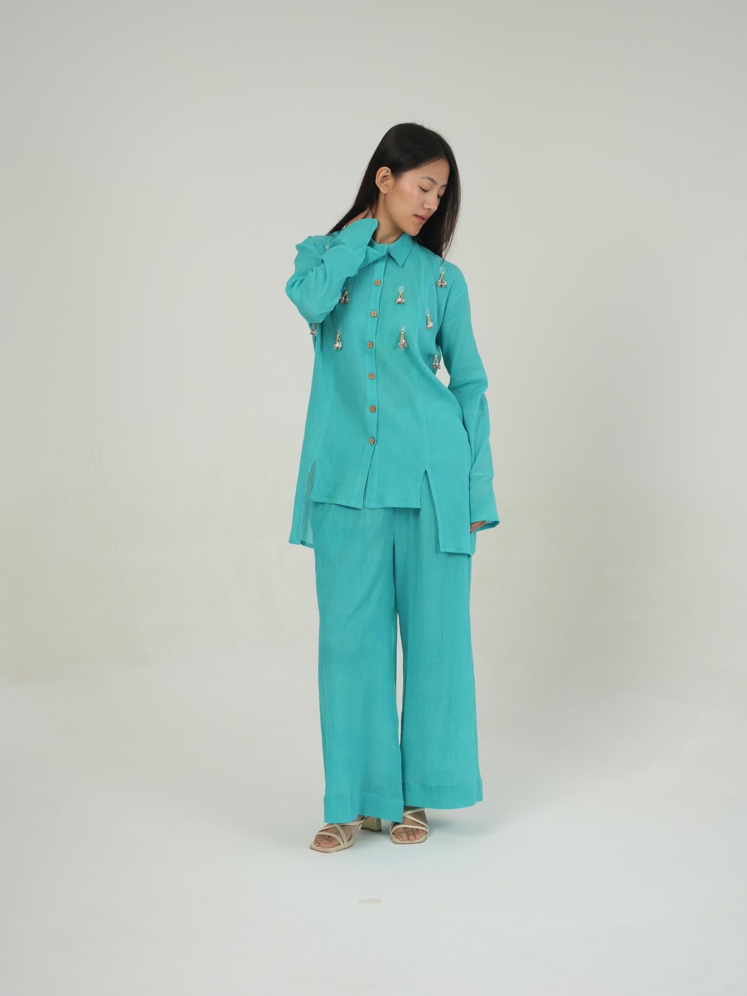 Back view of the Turquoise crinkled cotton co-ord set