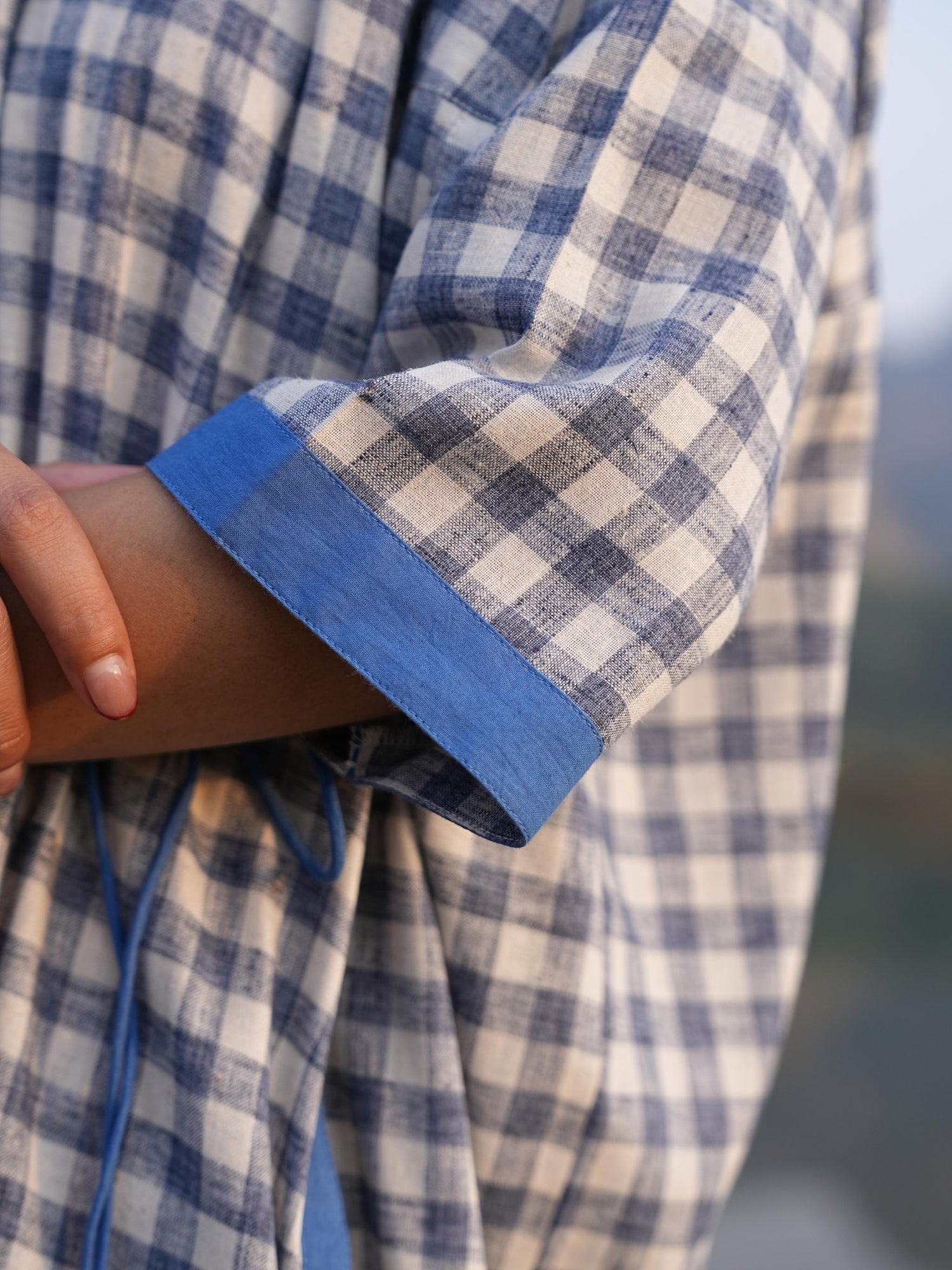 Relaxed, anti-fit anti-fit checked cotton co-ord set shown in natural daylight