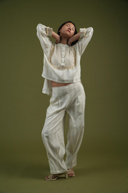 Vanshitaaz Ivory Grace Embroidered Shirt & Pleated Pants Set