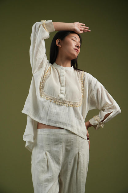 Vanshitaaz Ivory Grace Embroidered Shirt & Pleated Pants Set