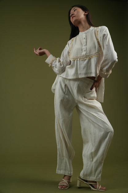 Vanshitaaz Ivory Grace Embroidered Shirt & Pleated Pants Set