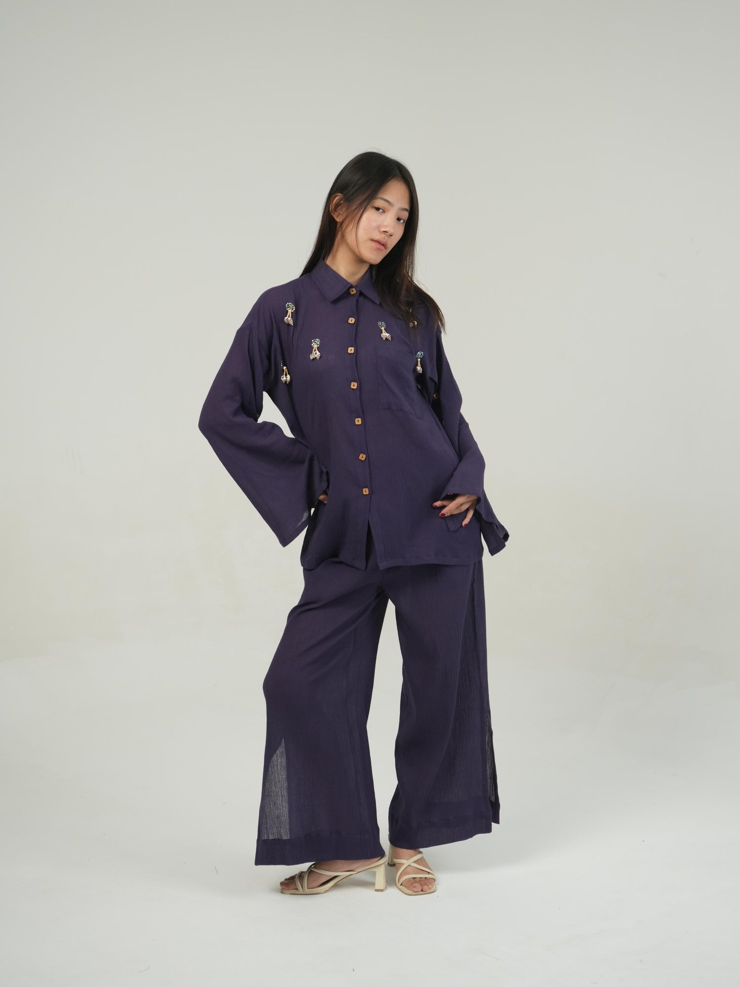 Detail of the hem and tie finish on the Mulberry Purple crinkled cotton co-ord set