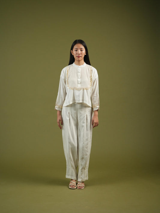 Vanshitaaz Ivory Grace Embroidered Shirt & Pleated Pants Set