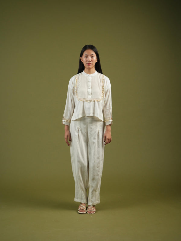 Ivory Grace Embroidered Shirt & Pleated Pants Set