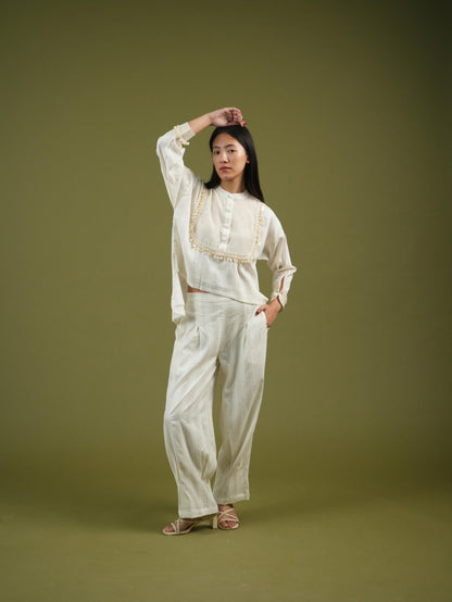 Vanshitaaz Ivory Grace Embroidered Shirt & Pleated Pants Set