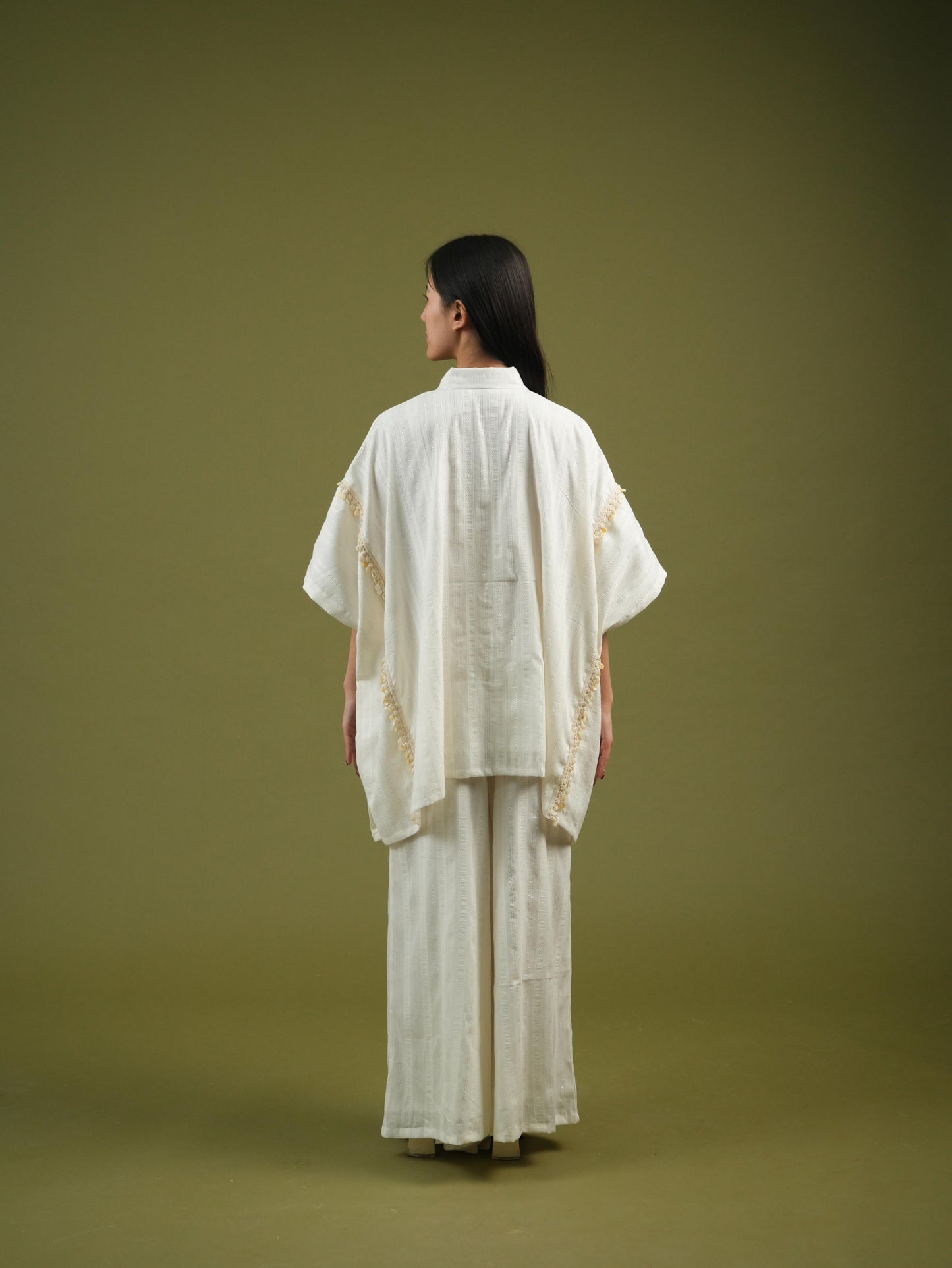 Vanshitaaz Flowing Ivory Cape Shirt & Wide-Leg Pants Set