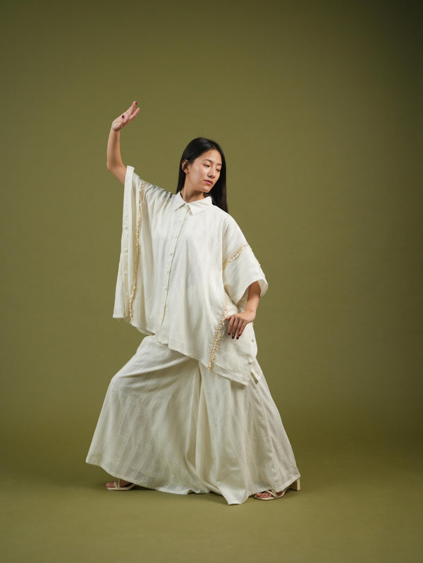 Flowing Ivory Cape Shirt & Wide-Leg Pants Set