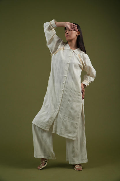 Vanshitaaz Ivory Longline Button-Down Shirt & Wide-Leg Pants Set