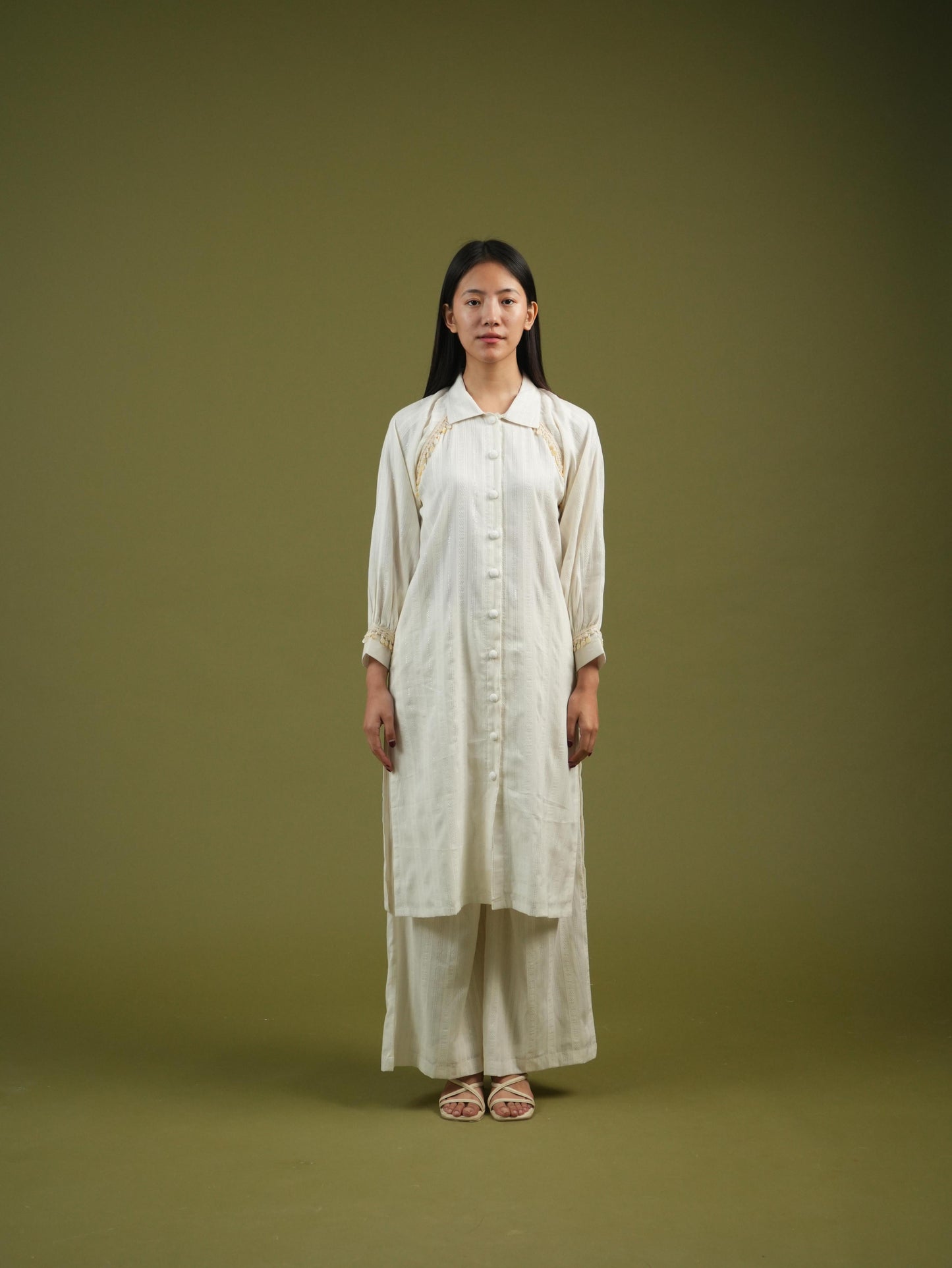 Vanshitaaz Ivory Longline Button-Down Shirt & Wide-Leg Pants Set