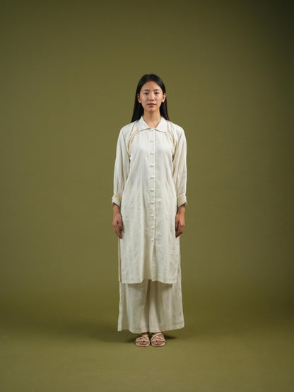Vanshitaaz Ivory Longline Button-Down Shirt & Wide-Leg Pants Set