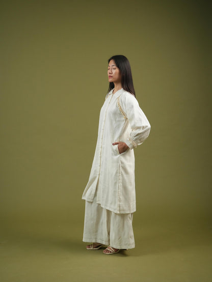 Vanshitaaz Ivory Longline Button-Down Shirt & Wide-Leg Pants Set