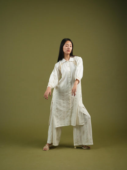 Vanshitaaz Ivory Longline Button-Down Shirt & Wide-Leg Pants Set
