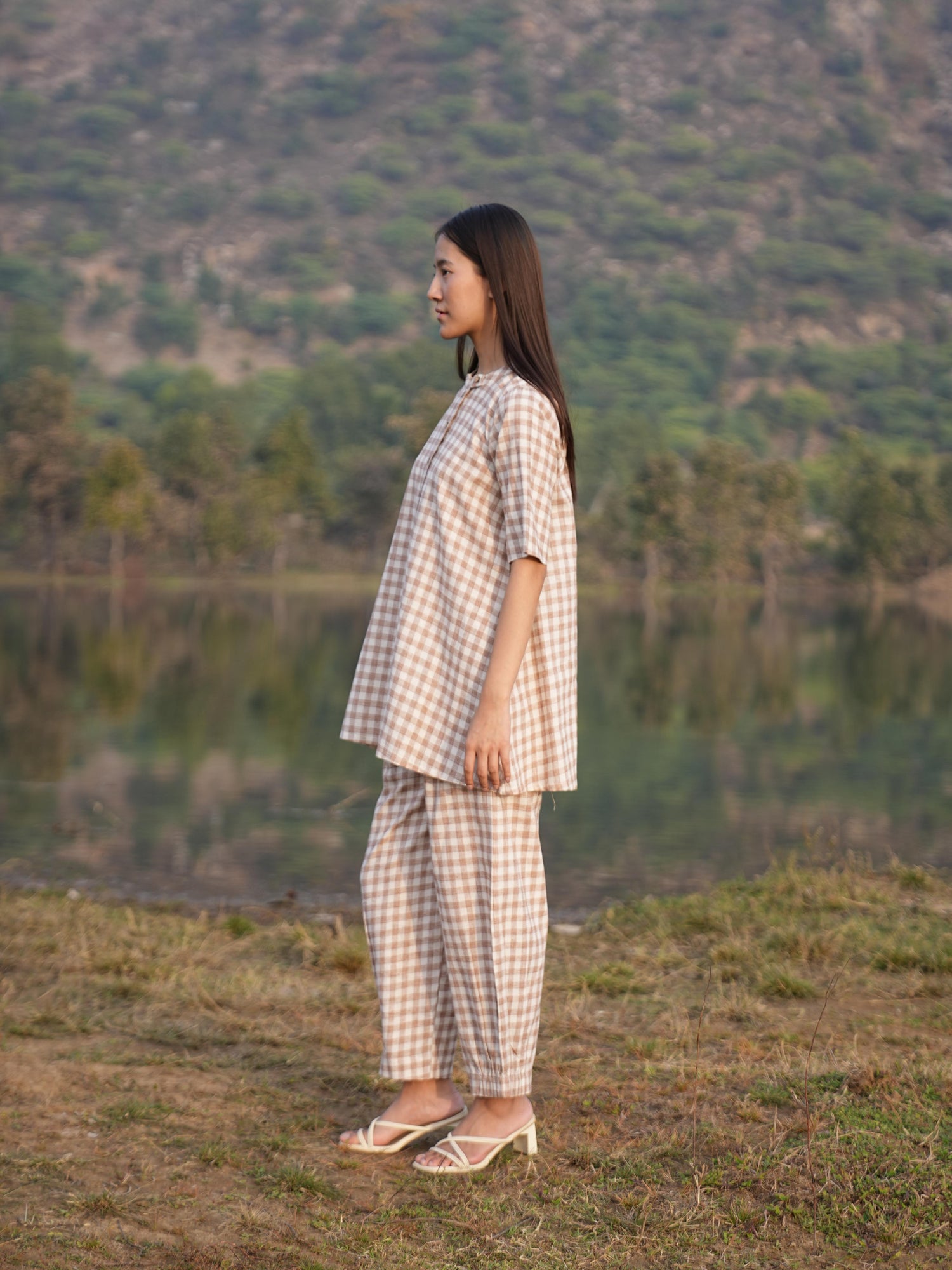 Back view of the checked cotton co-ord set