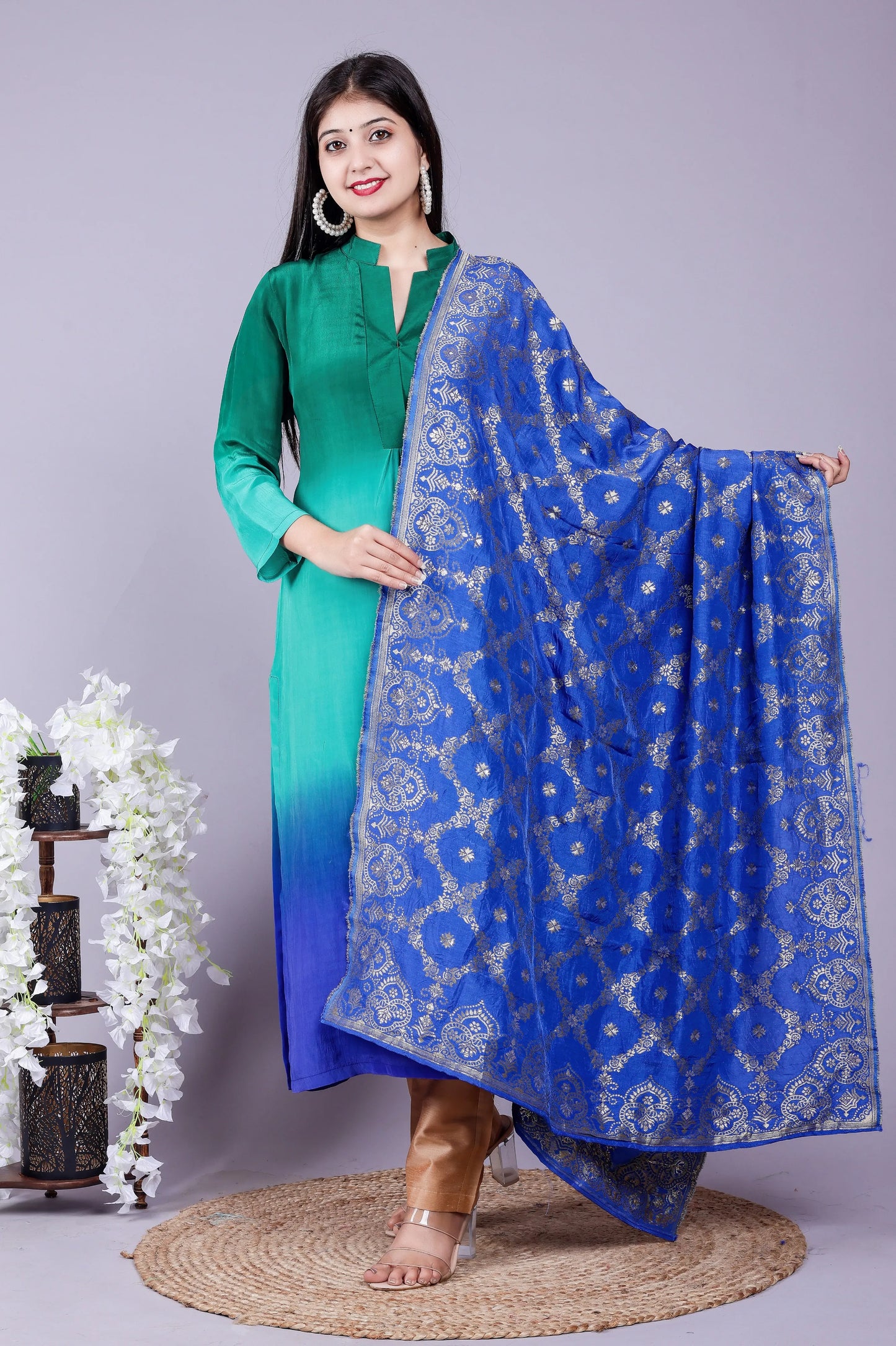 Ombre Bottle green Kurta Pant Brocade Dupatta