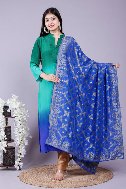 Ombre Bottle green Kurta Pant Brocade Dupatta
