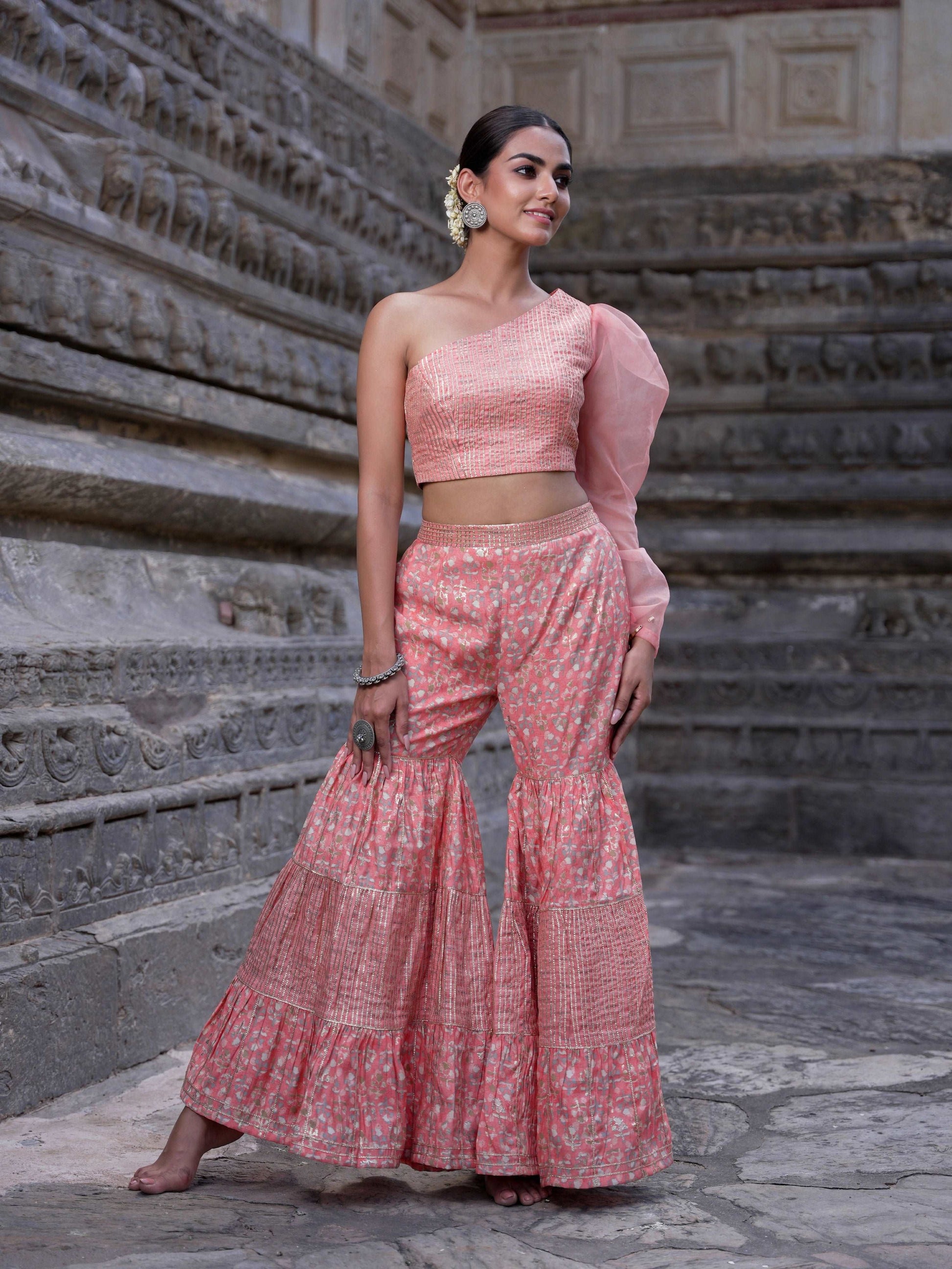 Gharara with organza sleeve crop top