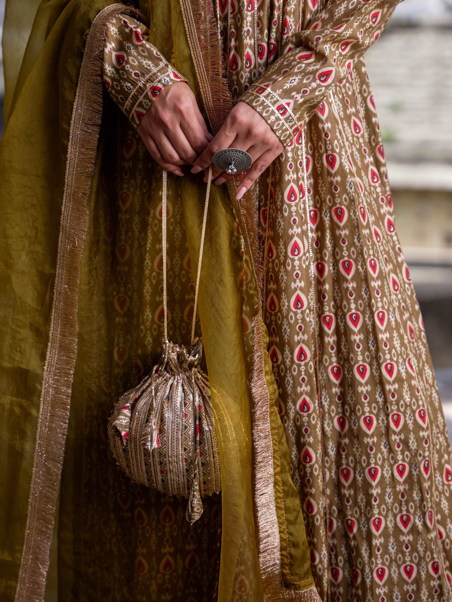 Maslin Silk Anarkali dupatta with potli bag