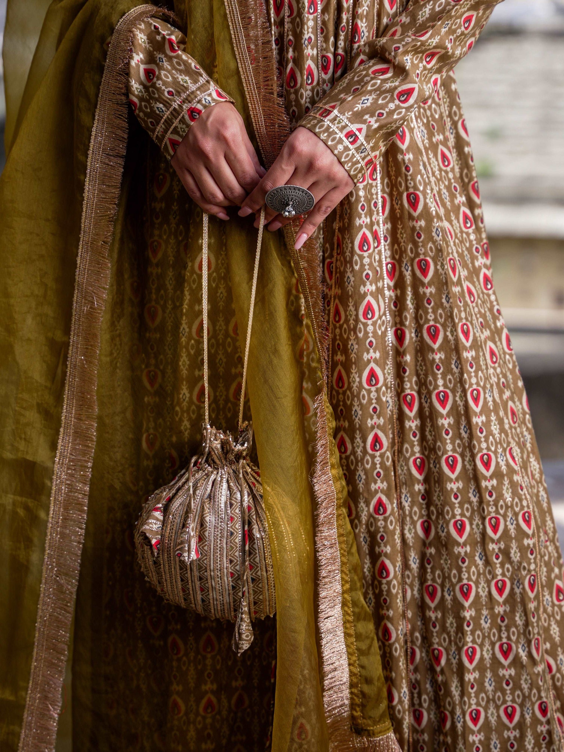 Maslin Silk Anarkali dupatta with potli bag